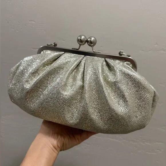 Silver Glitter Sheepskin Handmade Kisslock Slouchy Clutch/Wristlet/Crossbody